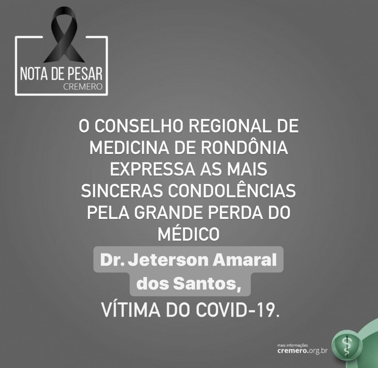 Nota de Pesar: Pelo falecimento de Dr. Jeterson Amaral dos Santos - News Rondônia