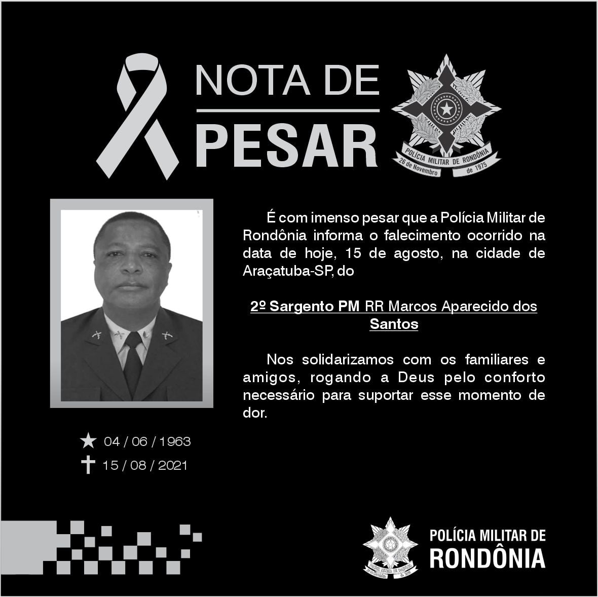 NOTA DE PESAR PMRO - 2º Sargento PM RR Marcos Aparecido dos Santos - News Rondônia