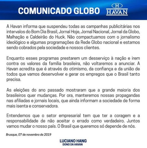 HAVAN ANUNCIA BOICOTE À GLOBO EM APOIO A BOLSONARO - News Rondônia