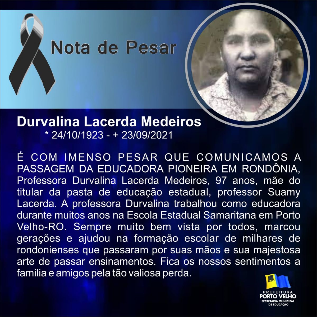 NOTA DE PESAR: pelo falecimento da professora Durvalina Lacerda Medeiros - News Rondônia