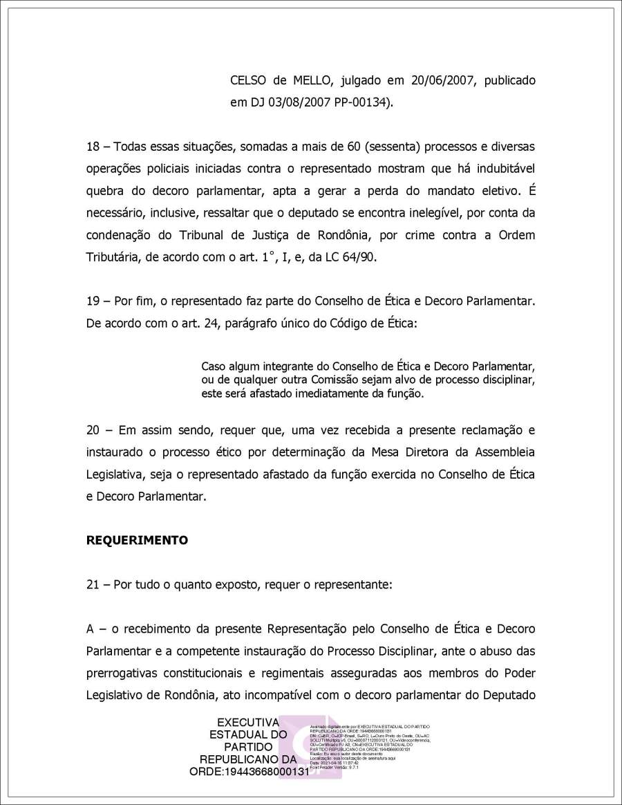 EXCLUSIVO: Conselho de Ética da Assembleia Legislativa recebe duas representações por quebra de decoro em desfavor de Geraldo da Rondônia - News Rondônia