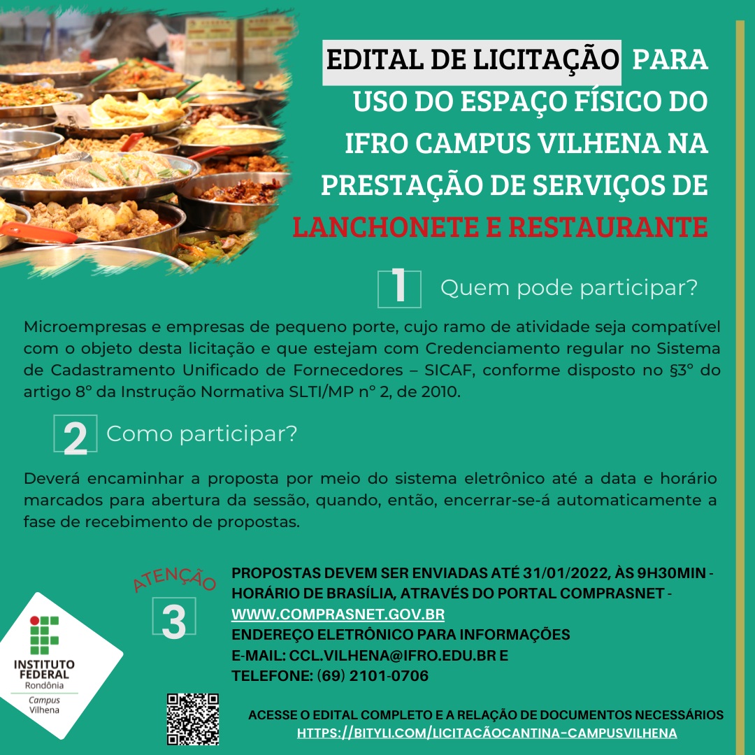 IFRO: Campus Vilhena abre edital de licitação para contratação de serviço de cantina e lanchonete - News Rondônia