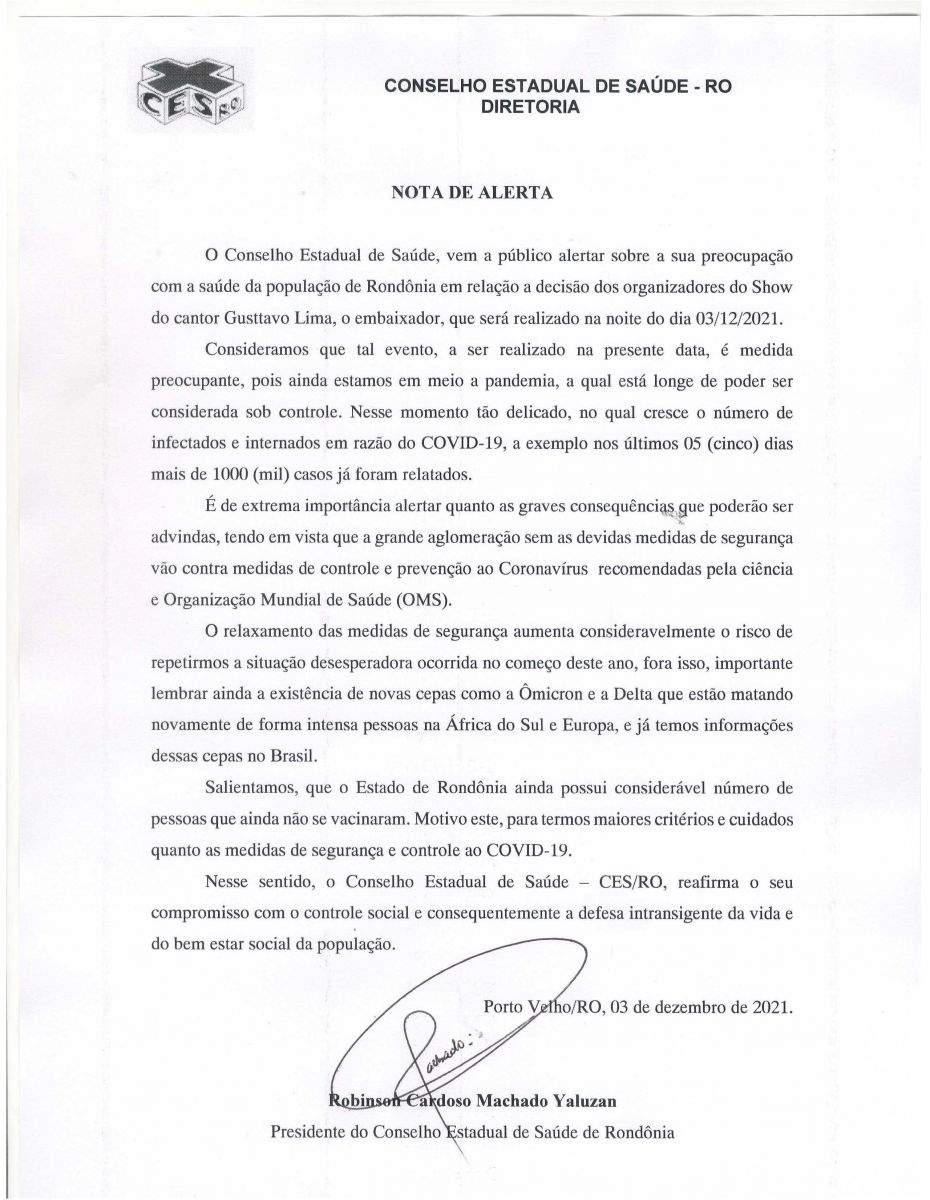 Conselho Estadual de Saúde de Rondônia publica Nota de Alerta sobre Show do Gusttavo Lima - News Rondônia