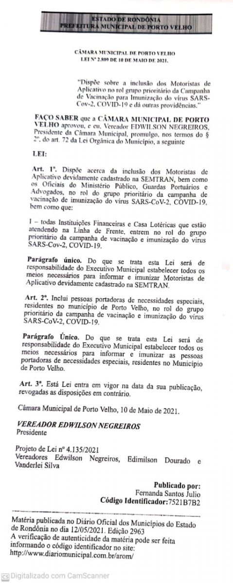 APROVADA  Lei de coautoria do vereador Edimilson Dourado garante vacinação para Motoristas de aplicativos e outras classes trabalhadoras - News Rondônia