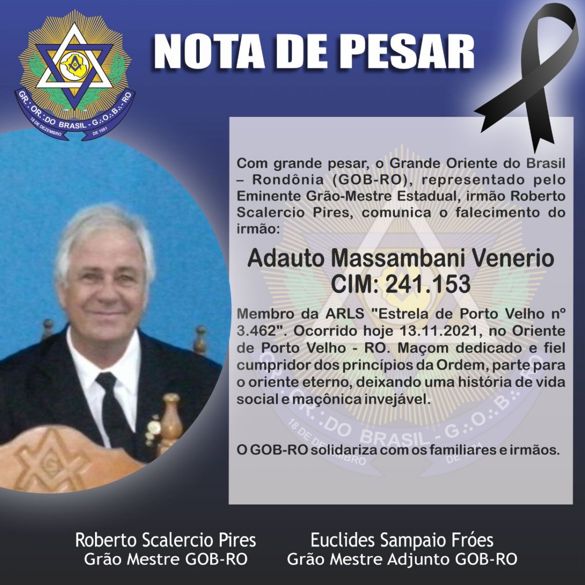 Nota de pesar: Adauto Massambani Venerio - News Rondônia