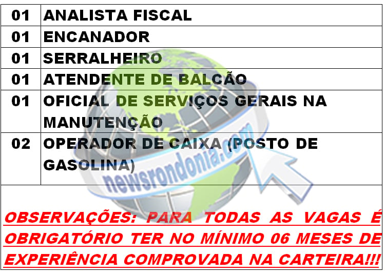 SINE MUNICIPAL DIVULGA VAGAS DE EMPREGO PARA QUINTA-FEIRA (03/05/2018) - News Rondônia