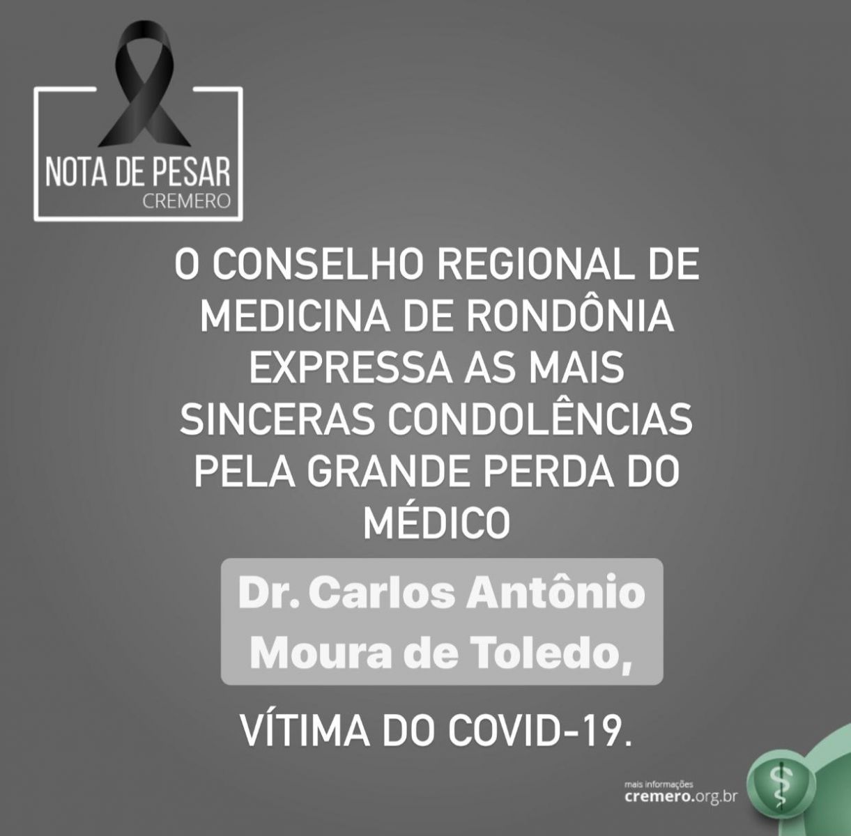 NOTA DE PESAR: Falecimento do Dr. Carlos Antônio Mouta de Toledo - News Rondônia