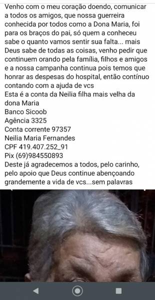 LAMENTÁVEL: Idosa que não encontrou vaga em hospital público morre por Covid-19 e família pede ajuda para pagar despesas - News Rondônia