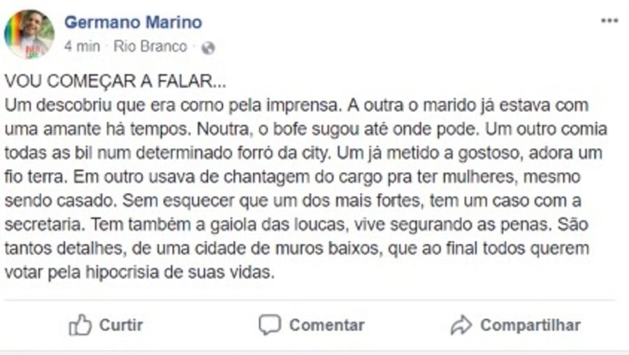 LÍDER DE MOVIMENTO LGBT FAZ INSINUAÇÕES SOBRE VIDA SEXUAL DE VEREADORES DE RIO BRANCO - News Rondônia
