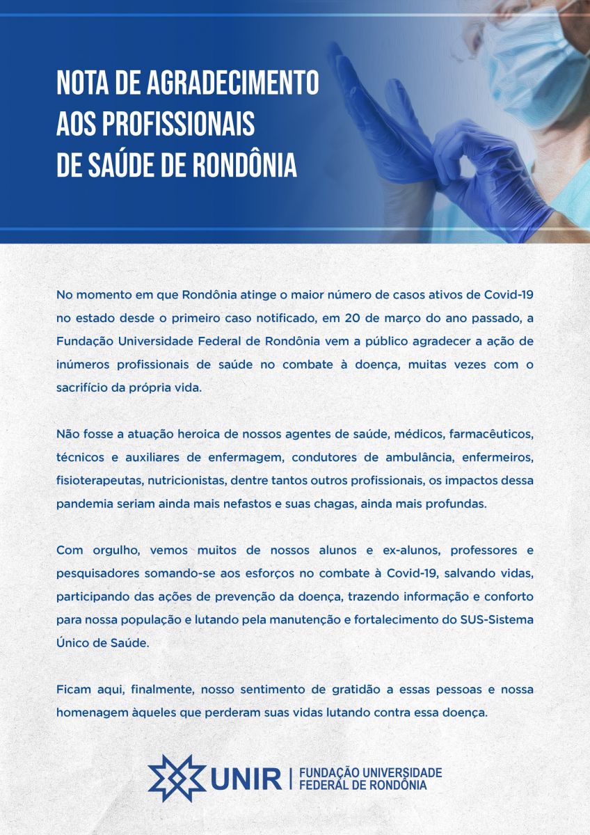 UNIR emite nota de agradecimento aos profissionais de saúde de Rondônia - News Rondônia