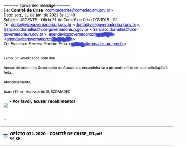 Pedido de oxigênio feito pelo governo do Amazonas ao estado do RJ foi enviado para e-mail errado - News Rondônia