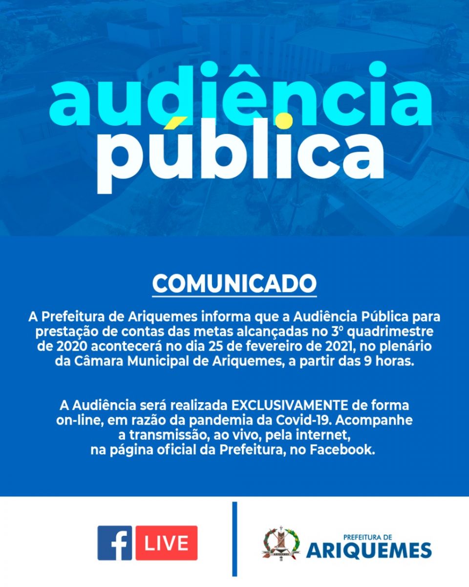 Prefeitura de Ariquemes realizará Audiência Pública para apresentação das metas do 3° quadrimestre de 2020 - News Rondônia