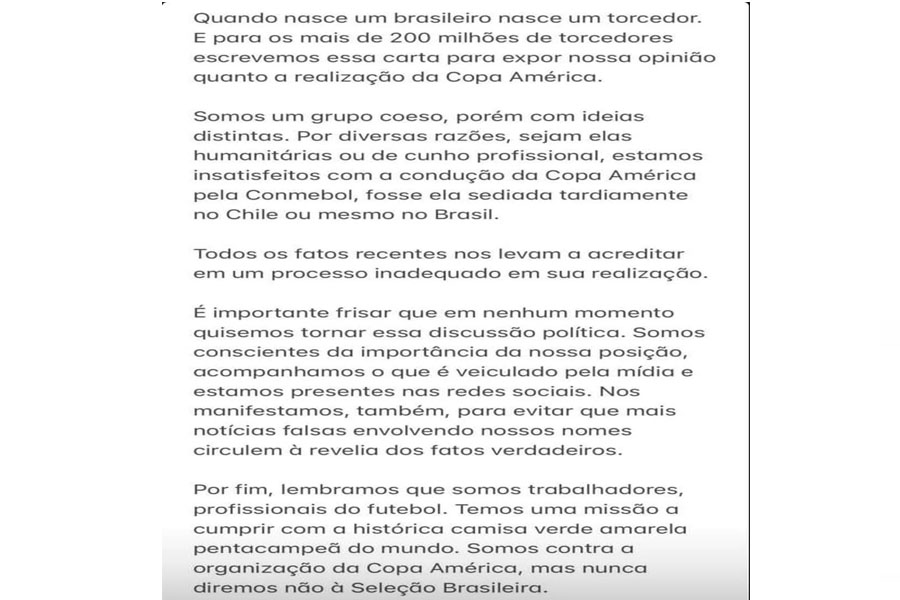 Jogadores da Seleção criticam Conmebol em texto: 'Somos contra a organização da Copa América' - News Rondônia