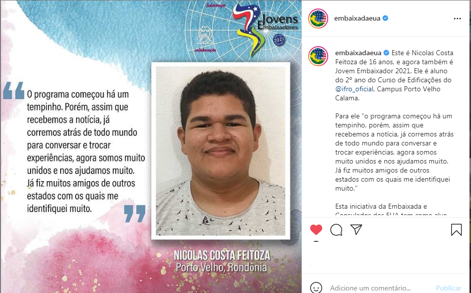 Embaixada dos EUA no Brasil destaca jovem rondoniense Nicolas Feitoza - News Rondônia