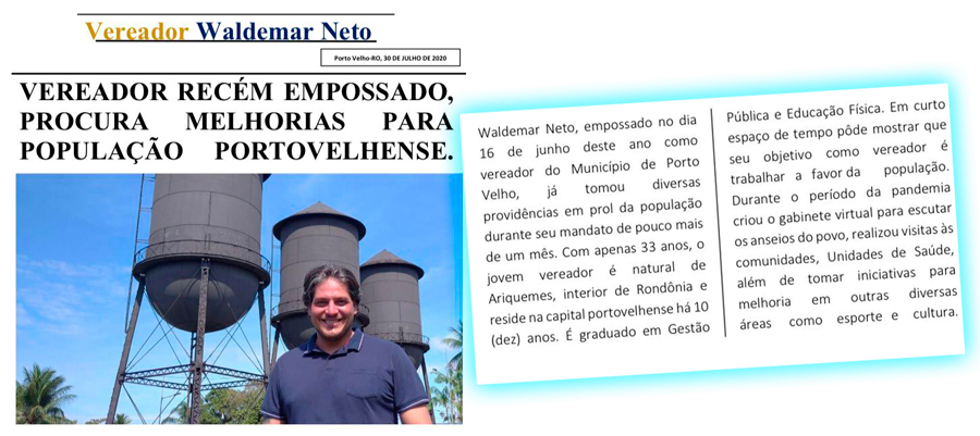 Vereador Waldemar neto presta conta a comunidade através de jornal informativo virtual - News Rondônia