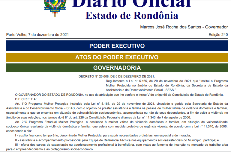 Publicado no DIOF o decreto que regulamenta auxílio de R$ 400 às vítimas de violência doméstica - News Rondônia