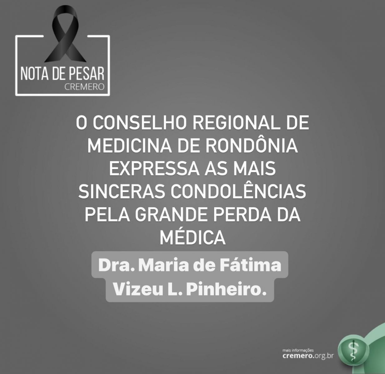 Nota de Pesar: Dra. Maria de Fátima Vizeu L. Pinheiro - News Rondônia