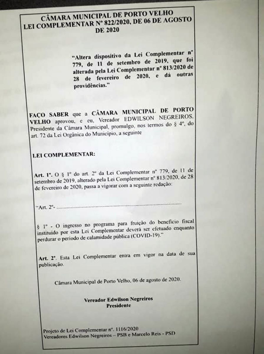 Câmara de Porto Velho aprova lei que prorroga o prazo do Refis enquanto perdurar calamidade causada pelo Coronavírus - News Rondônia