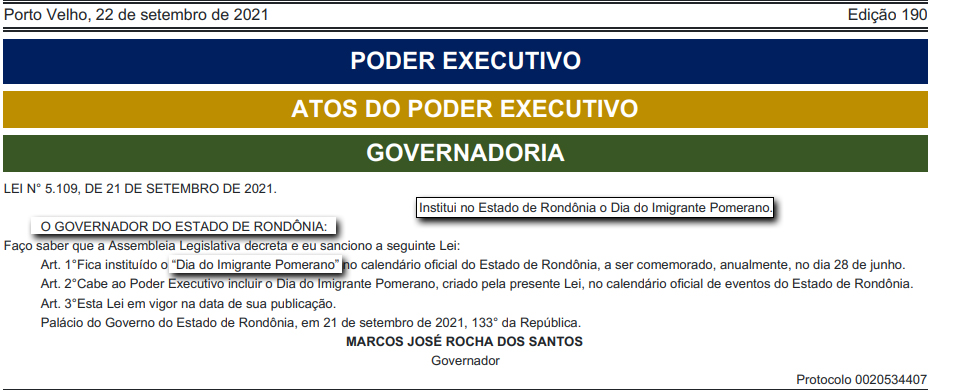 Lei inseri o 'Dia do Imigrante Pomerano' no calendário oficial de Rondônia: 28 de junho - News Rondônia