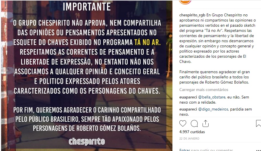 GRUPO CHESPIRITO SE PRONUNCIA CONTRA PARÓDIA DE CHAVES EXIBIDA NA GLOBO - News Rondônia