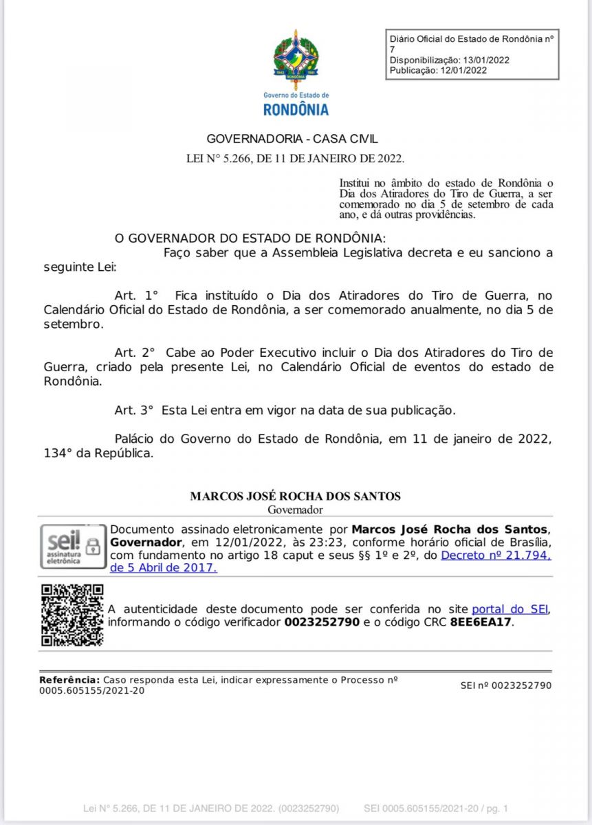 VIROU LEI - De autoria do deputado Anderson, Dia dos Atiradores do Tiro de Guerra é incluído no Calendário Oficial do Estado de Rondônia - News Rondônia