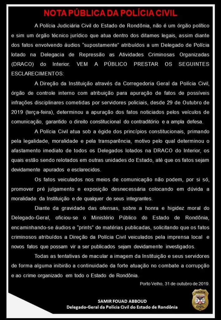 POLÍCIA JUDICIÁRIA CIVIL PUBLICA NOTA - News Rondônia