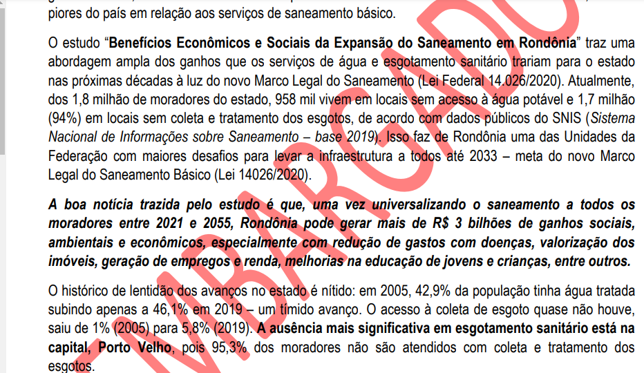 'Rondônia perderá R$ 3 bi, caso não universalize o saneamento básico', revela pesquisa do Trata Brasil - News Rondônia