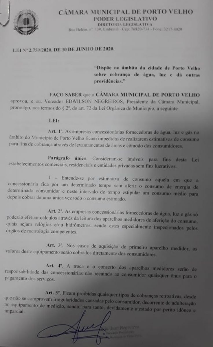 Presidente da Câmara promulga leis da merenda e a que impede cobranças por estimativa patrocinadas pelas concessionárias - News Rondônia