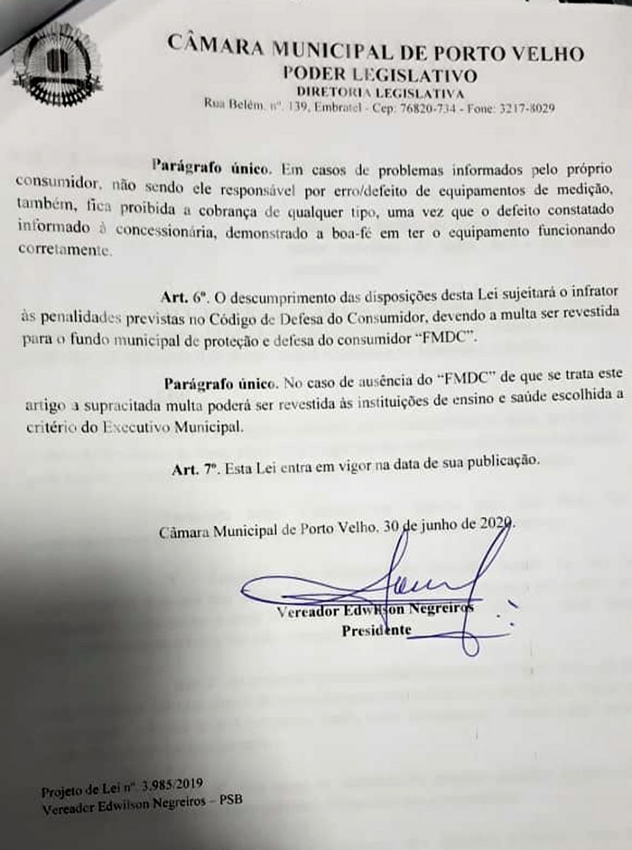Presidente da Câmara promulga leis da merenda e a que impede cobranças por estimativa patrocinadas pelas concessionárias - News Rondônia