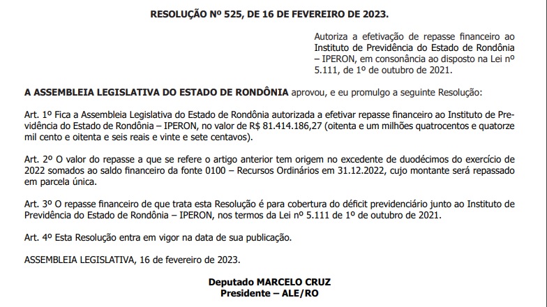 IPERON vai receber mais de R$ 81 milhões em excedente de duodécimos da ALE-RO - News Rondônia