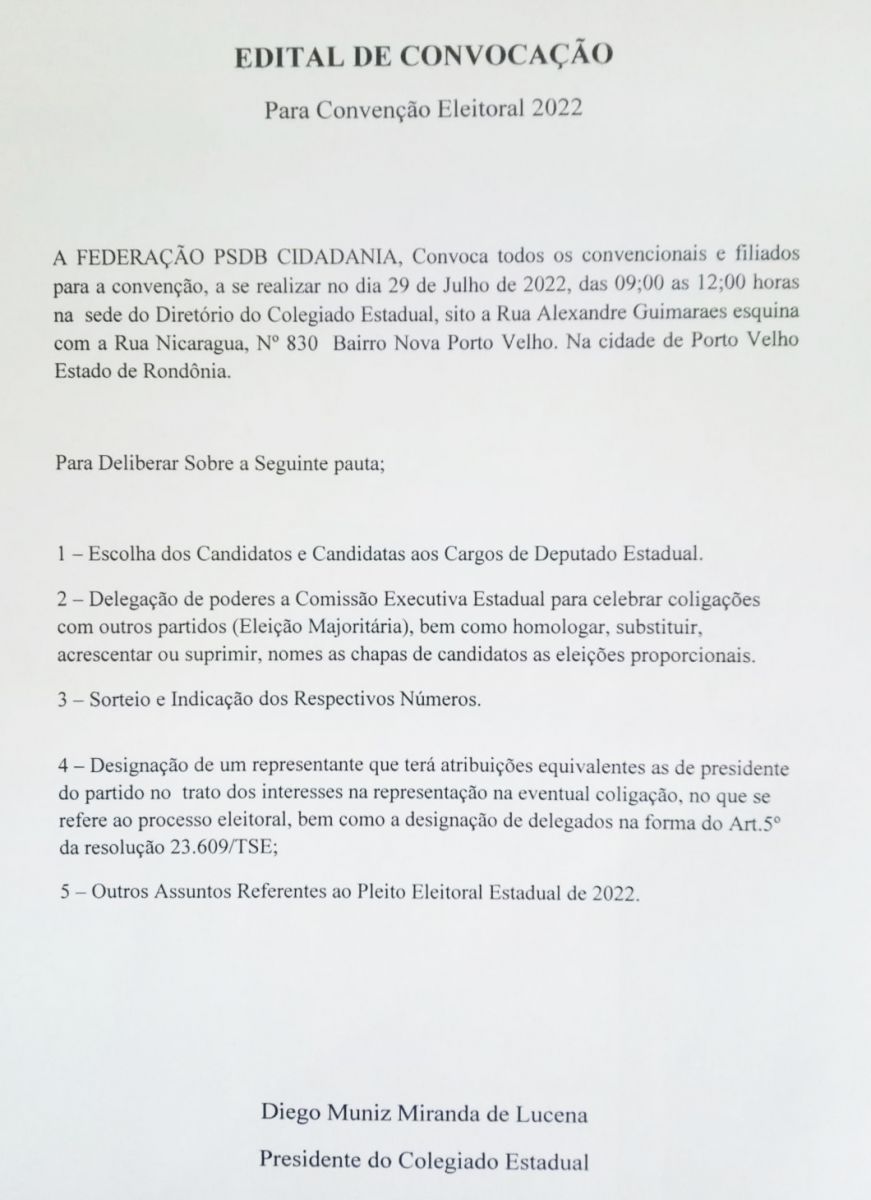 EDITAL DE CONVOCAÇÃO: CONVENÇÃO ELEITORAL 2022 - FEDERAÇÃO PSDB/CIDADANIA - News Rondônia