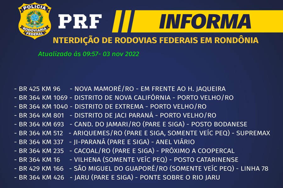Rodovias de Rondônia continuam bloqueadas em onze pontos, informa PRF - News Rondônia